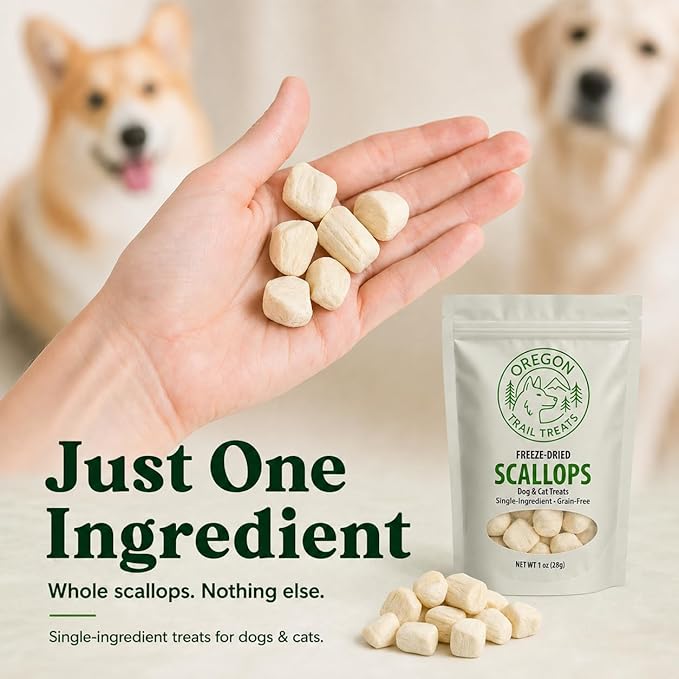 Oregon Trail Treats Freeze-Dried Scallops Dog & Cat Treats - Single Ingredient Premium Bay Scallops Grain Free 1 oz