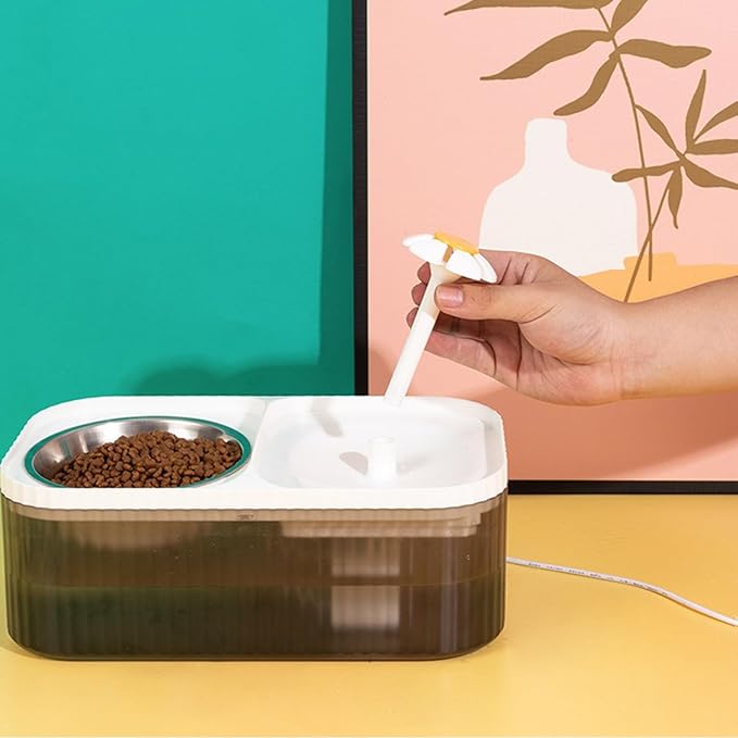 Cat Water Fountain and Food Bowl 2-in-1 Automatic Pet Water Dispenser with Flower Smart Pump USB Cat Waterer Fountain Cute Cat Food and Water Bowl Set for Cats Kitty Dogs Multiple Pets(Green)