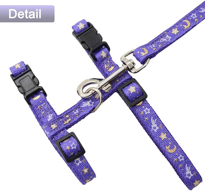 Cat Harness and Leash Set for Outdoor Walking Escape Proof Adjustable Soft Safety Strap with Golden Star and Moon Design Glow in The Dark Purple XL