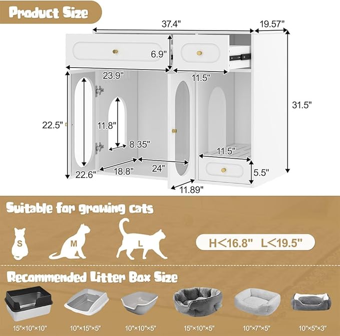 Hidden Cat Litter Box Enclosure Furniture with LED Light, Modern Litter Box Cabinet with Drawers & Acrylic Door, Multi-Entry Cat House Sideboard for Living Room, 37.4"W x 15.6"D x 31.5"H,White