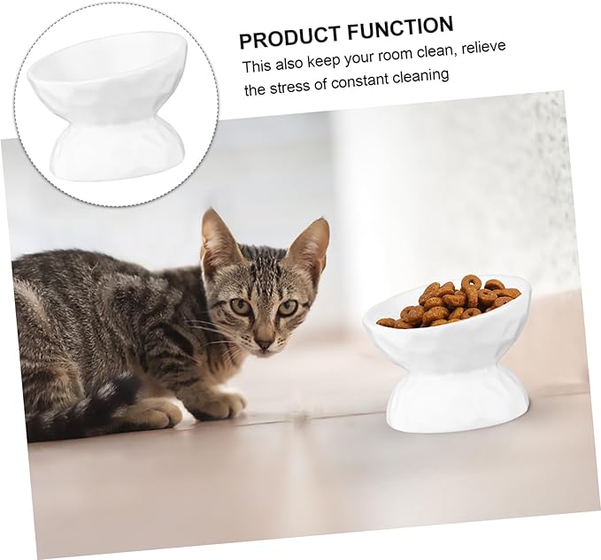 Alasum Elevated Cat Ceramic Feeding Bowl with Neck Protection, Small White Raised Pet Feeder for Kitten, Anti-Spill Design Suitable for Indoor Cat Feeding and Watering