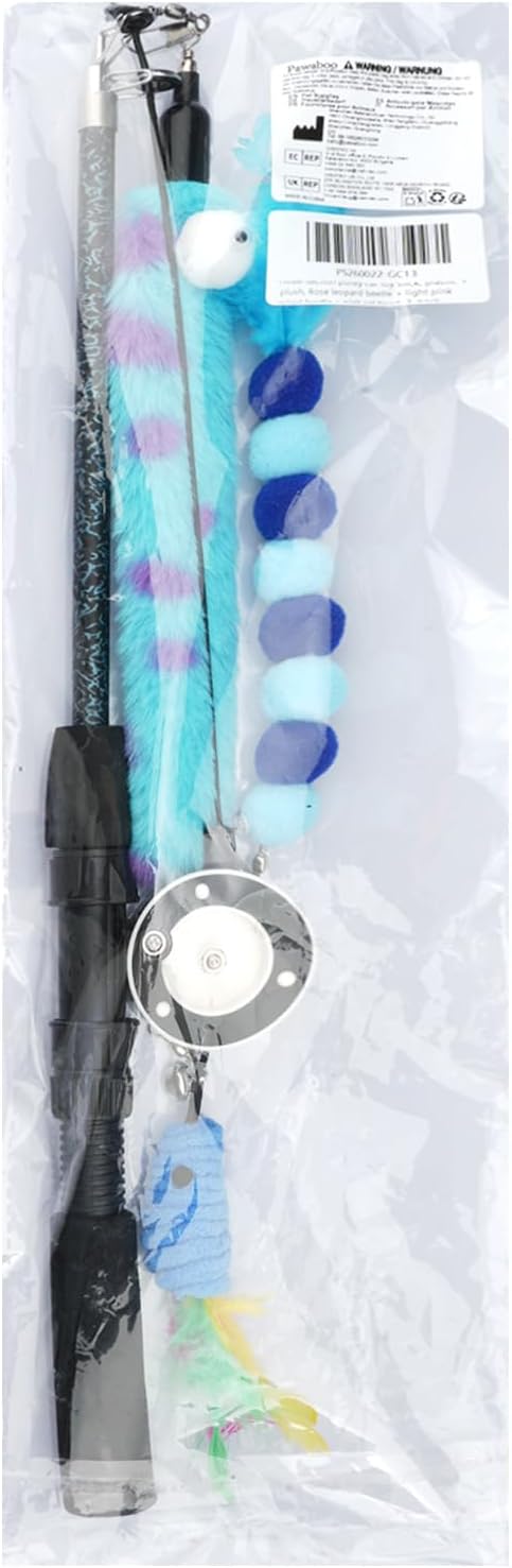 Pawaboo Cat Teaser Wand Toys, Cat Fishing Pole Toy with 3 Pack Feather Refills, 3-Section Retractable Kitten Feather Toys with Pulley, Indoor Cats Teaser Catcher Exerciser with Bell, Blue