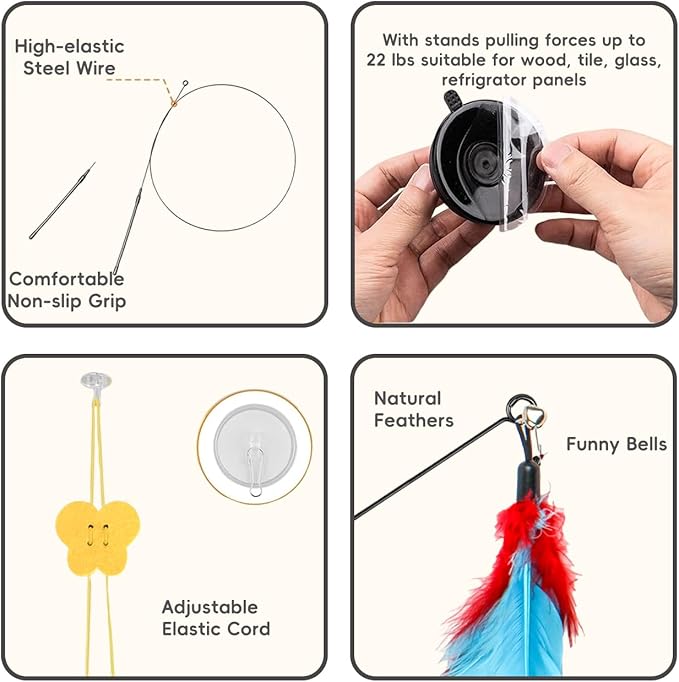 4-in-1 Interactive Cat Toys Set - Feather, String,Suction Cup Cat Toy Stick & Wand Toys with 15 Replaceable Attachments for Indoor Cats