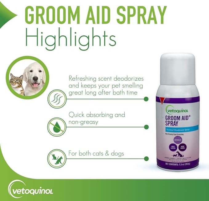Vetoquinol Groom Aid Spray - Non-Greasy Grooming Spray for Cats & Dogs - Supports Silky Coat & Tangle-Free Fur - Quick Absorbing Fur Conditioner - Fresh Scent - 7.3 oz
