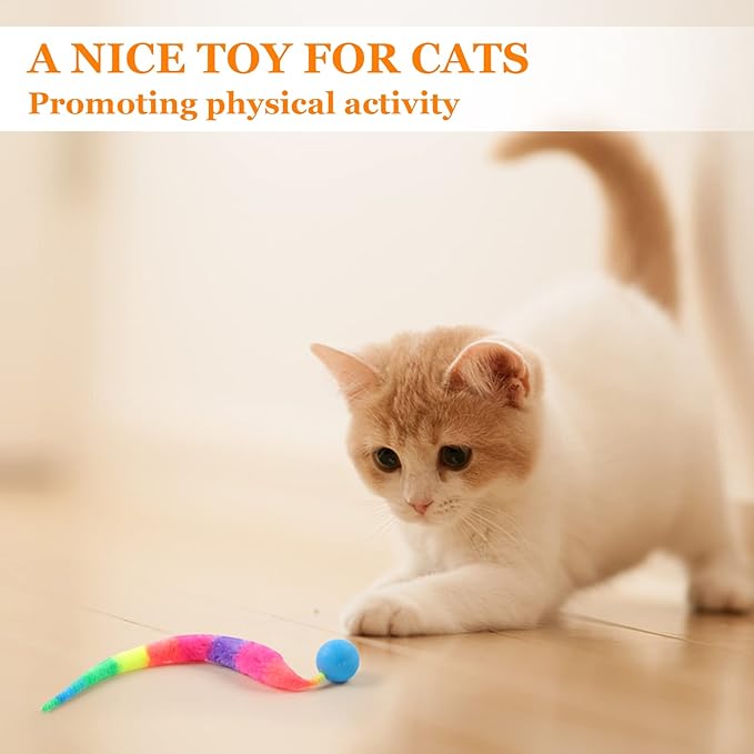 SHENGSEN Bouncy Ball with Tail Cat Toys-5 Packs,Rainbow Large Magic Worm with Ball Toy for Cats,Colorful Fuzzy Worm Bouncy Balls Cat Toy