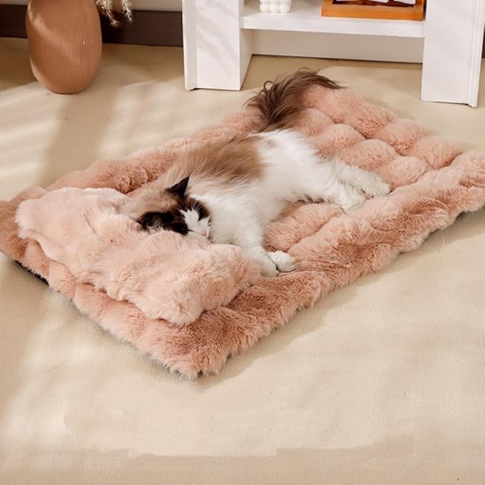 Cat Bed Mat Dog Crate Pads, Cat Beds for Indoor Cats Small Dogs, Plush Pet Bed Mats Faux Fur Dog Crate Mat with Removable Pillow for Cages/Floor/Couch (Pink-with Pillow,M-15.7 * 23.6 in)