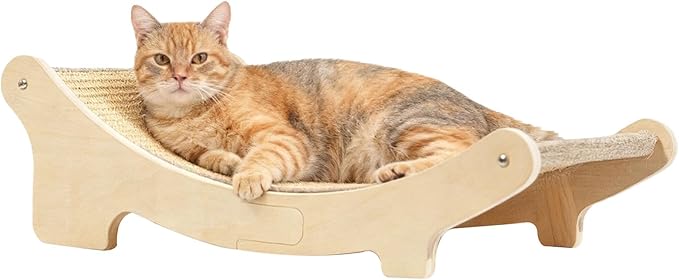 Large Sisal Cat Scratcher Bed, 19.7 x 13 x 6.7 in Wooden Cat Furniture, E0 Grade Solid Wood Cat Hammock Lounge Chair, Beige Cat Scratching Board Bed for Playing, Relaxing