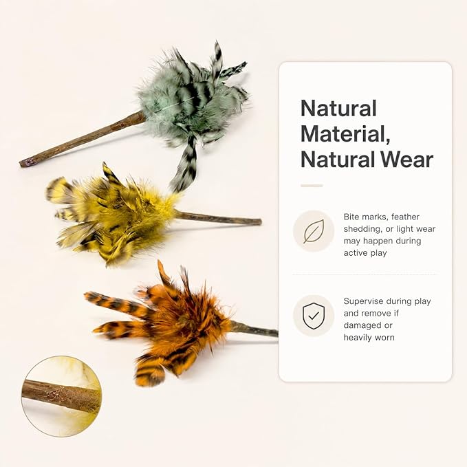 Silvervine Feather Cat Toys, 3 Pack Natural Matatabi Chew Toys for Indoor Cats, 8" Handmade Cat Toy for Chewing & Independent Play, Quiet Indoor Floor Play