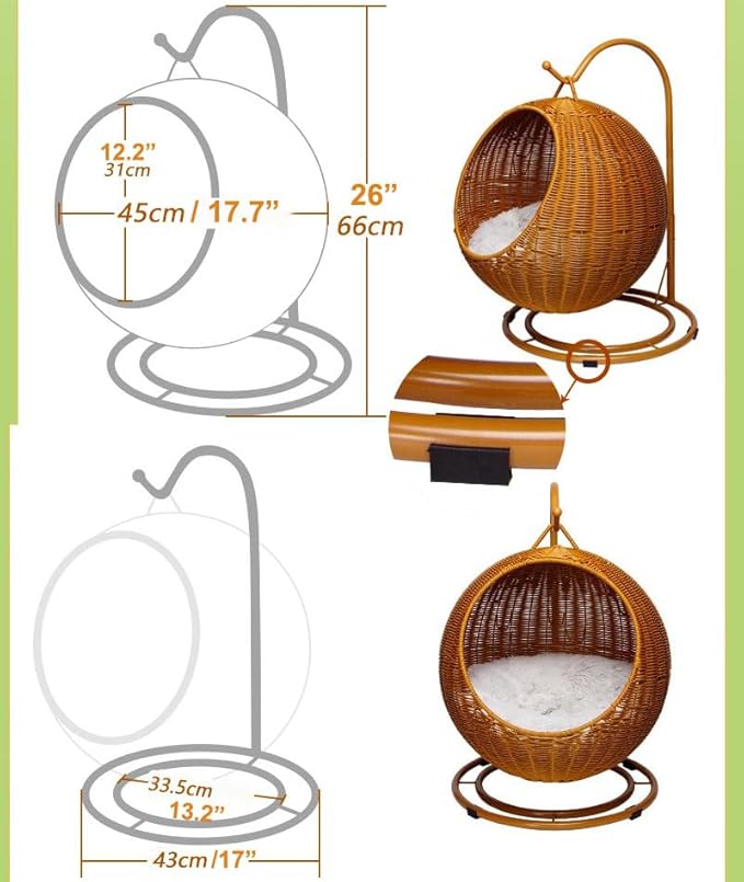 Elevated Rattan Pet Hammock Nest Cat & Dog Bed - Breathable, Raised, Outdoor Cat Furniture (Natural-C)
