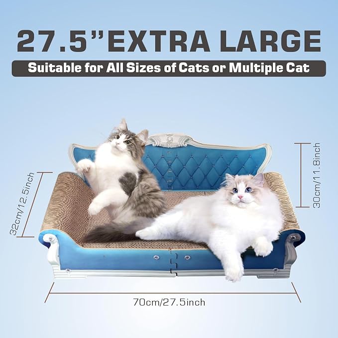 Extra Large Cat Scratcher Sofa Bed - 27.5" Durable Cat Couch & Scratching Board, Ergonomic Cardboard Lounge Furniture for Big Cats, Multi-Cat Households, Reversible Scratch Pad (Blue)