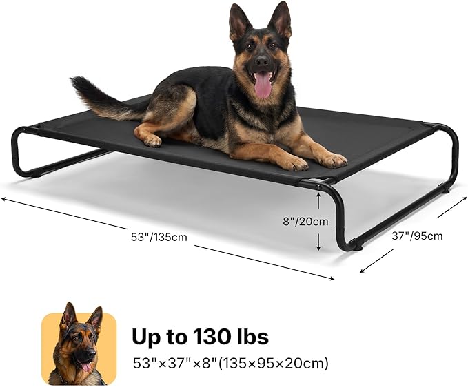 Veehoo Cooling Elevated Dog Bed, Outdoor Dog Bed for Large Dogs, Raised Dog Cot with Thickened Frame, Durable Teslin Mesh & Anti-Slip Rubber Feet, Pet Hammock for Indoor or Camping, 53" x 33", Black