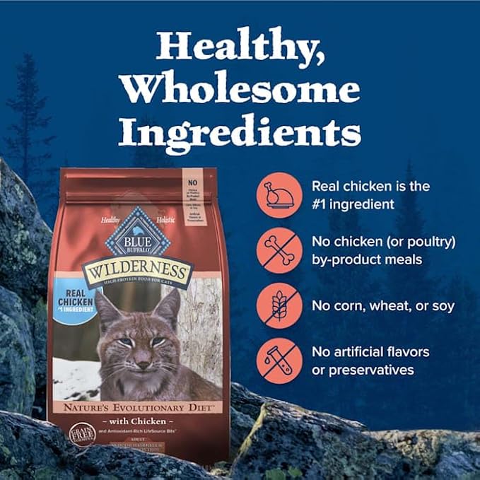 Blue Buffalo Wilderness High-Protein, Grain-Free Natural Dry Food for Adult Cats, Weight and Hairball Control, Chicken, 9.5-lb. Bag