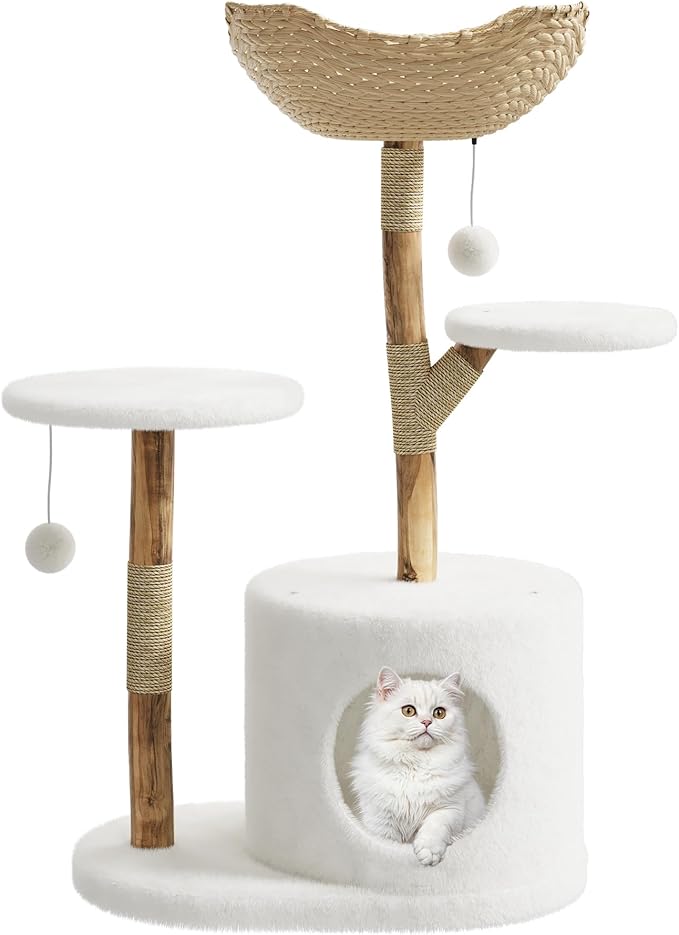GAOMON 46" Modern Cat Tree for Large Cats, Real Solid Wood Branch Luxury Cat Condo with Scratching Post and Cat Bed, Boho Aesthetic Luxury Pet Furniture