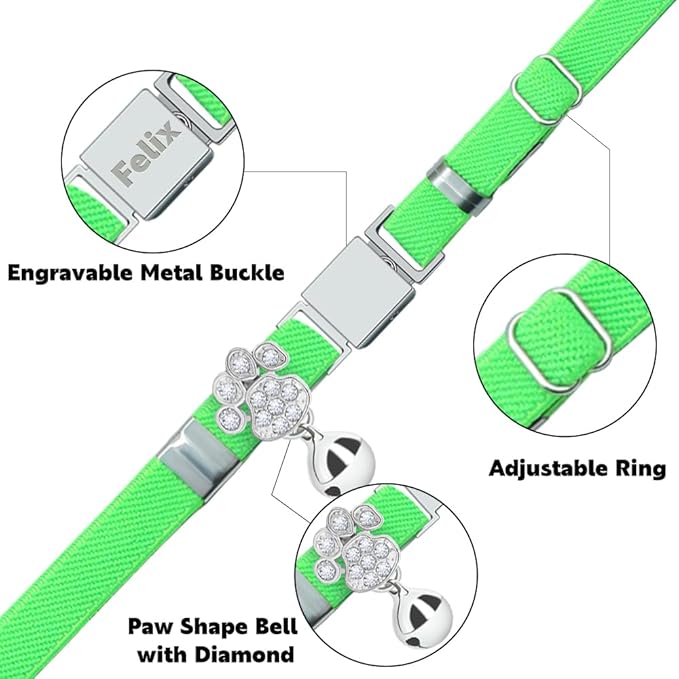 Personalized Safety Elastic Cat Collars with Bell,Laser Customized Stretch Kitten Collars for Girls Boys Cats-Light Green