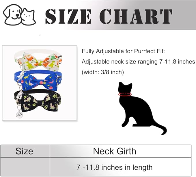 3 Pack Dinosaur Cat Collars with Bell Breakaway Safety Collar for Indoor Outdoor Cats - Soft Adjustable Cotton Kitten Collars with Cute Dino Design in Black, Navy, White