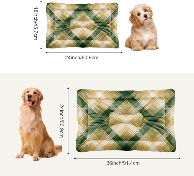 Green Yellow Plaid Dogs Bed Non Slip Bottom Anti Chew Dog Pad Cozy Soft Mat for Dog Crate Car Essentials Printed Bed Mats Gift Comfortable Pet 36× 24 Inch Indoor Outdoor