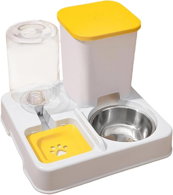 Automatic Dog Cat Feeder Dry Wet Food Separation Smooth Surface Removable Bowl for Small Animals Puppy- Yellow White