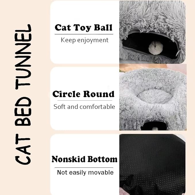 Cat Bed Tunnel Tube Toy Grey Plush Round, Collapsible Pet Tunnels for Indoor Cats, Interactive Toys Play Tubes with Hanging Ball for Fun Playtime & Exercise for Kitten, Puppy, Rabbit