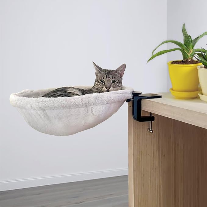 V2 Cat Desk Bed - Soft Faux Fur Fabric, Steel Frame - Adjustable, Shelf Bed for Indoor Cats - Perfect Cat Hammock for Your Desk – Supports up to 50lbs - Unique and Modern Furniture