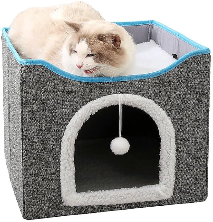 Cat Bed with Scratching Pad and Hanging Fluffy Ball Foldable Large Cat Cave House for Indoor Cats