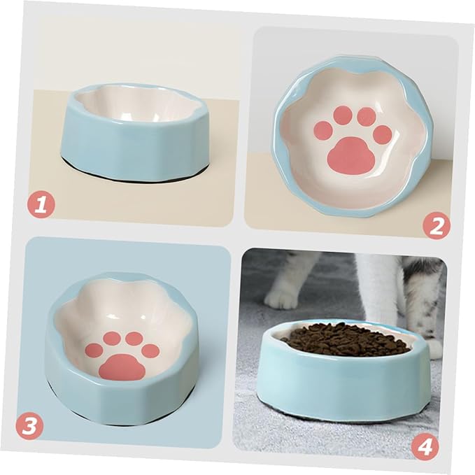 Luxshiny Tilted Ceramic Pet Bowl with Blue Animal Paw Print, Small Slanted Cat and Dog Food Dish for Indoor Feeding and Watering Supplies