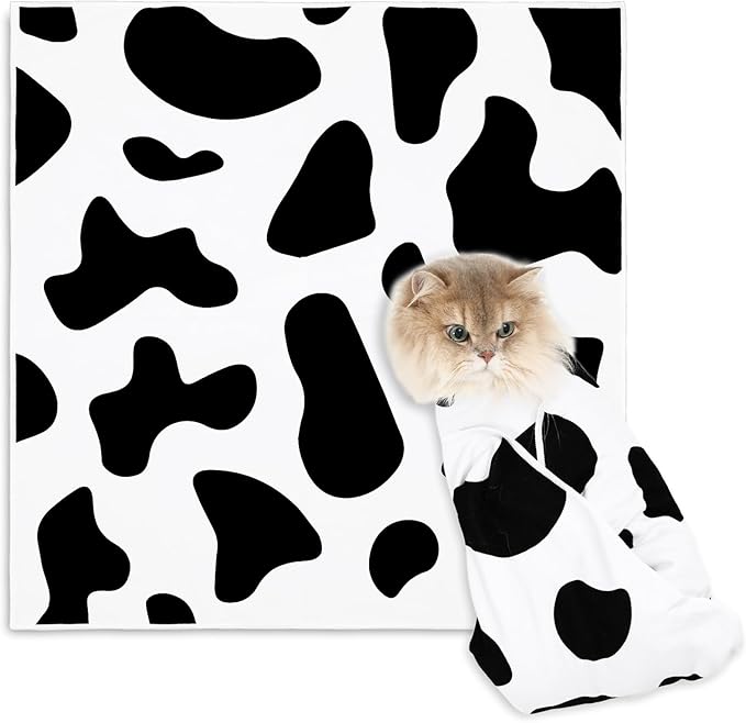 JarThenaAMCSCow Print Cat Wrap for Cutting Nails 27.6 x 27.6 in Self-Adhesive Cat Grooming Wrap Black White Washable Anti-Escape Cats Restraint Wrapping Cloth for Cats Pet Cleaning and Beauty,1 Pc