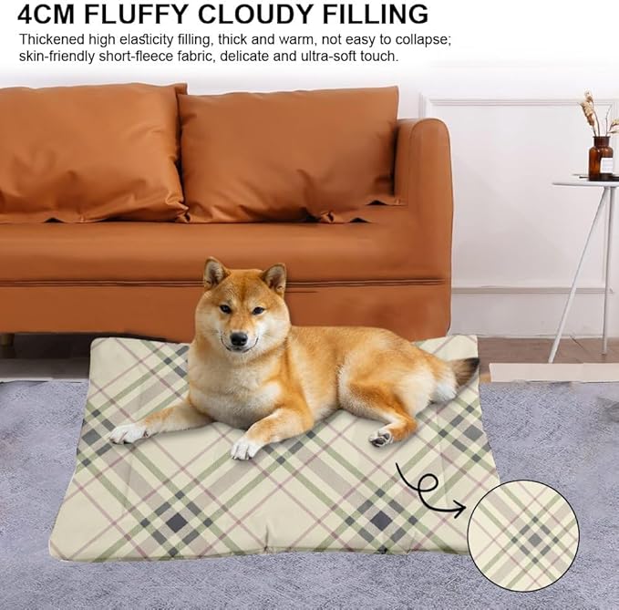 Cream Green Pink Plaid Dog Crate Beds Non Slip Bottom Non Slip Mat for Dogs Cozy Soft Backseat Pet Bed Mat Dog Gifts Printed Cat Bed Pad Gift Warm 36× 24 Inch Indoor Outdoor
