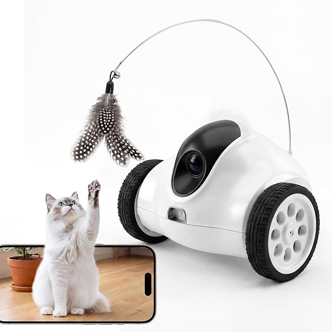 Pet Camera Indoor with Phone App, Robot Camera on Wheels, Cat and Dog Camera with Interactive Feather Toy, 2-Way Talk, Video Recording - Indoor Security & Companion