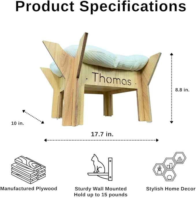 Personalized Wooden Cat Bed, Custom Name Standing Beds with Cushion, Wood Cat Bed Cave, Pet Furniture Large Perch for Playing Sleeping Scratching, Your Cats Gifts