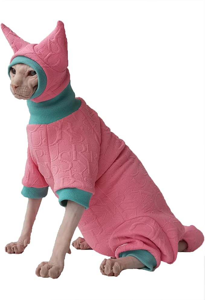 Hairless Cat Clothes Sphynx Cat Pajamas Outfits Kitten Clothes with Hat Tail Cover Pet Apparel for Cornish, Rex Devon