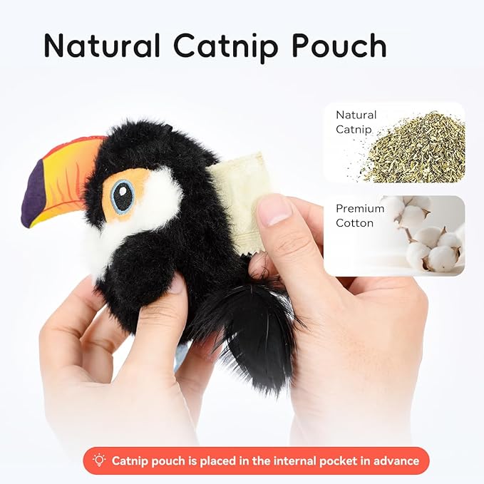 Petgravity Flapping Bird Cat Toy (No Flying), Lifelike Toucan Chirp Tweet Kitten Toy, Rechargeable Touch Activated Cat Toy Interactive Catnip Toy Exercise Toys for All Breeds 5.1" (Black)