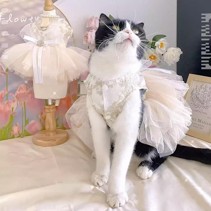 Princess Dog Wedding Dress - Embroidered Gown with Fluffy Tutu Skirt & Leash D-Ring, Formal Party Outfit for Small Dogs & Cats Like Chihuahua Yorkie (White Bow-Princess, Medium)