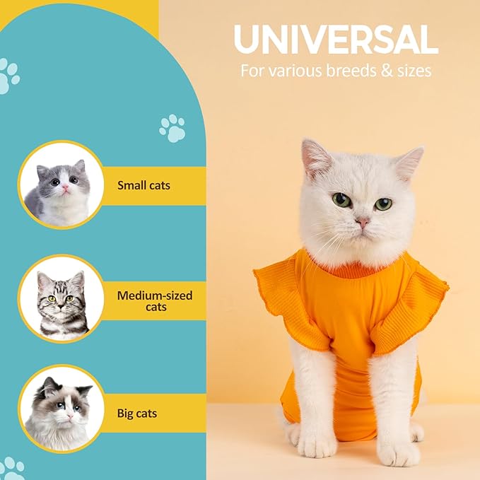 Avont Cat Recovery Suit - Post-Surgery Onesie for Cats, Alternative to Cone of Shame, Protective Spay Suit for Female Kitten, Ideal for Healing and Skin Conditions -Orange(S)