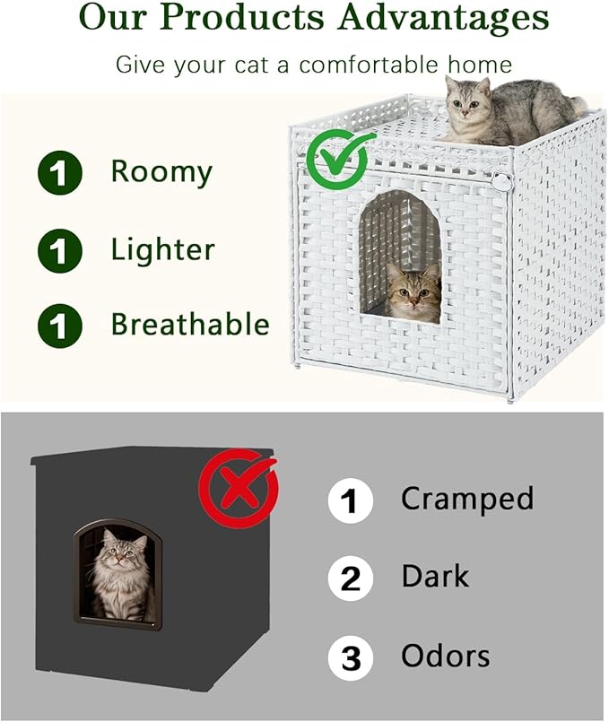 SETVSON Cat Litter Box Enclosure Furniture, Large Hidden Litter Box Furniture, Handwoven Rattan Cat House Cabinet, One Mat, Two S-Shaped Hooks, Living Room, Apartment 21.6 X 26 X 21.6 Inches, White