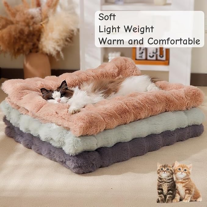 Cat Bed Mat Dog Crate Pads, Cat Beds for Indoor Cats Small Dogs, Plush Pet Bed Mats Faux Fur Dog Crate Mat with Removable Pillow for Cages/Floor/Couch (Grey,L-23.6 * 35.4 in)