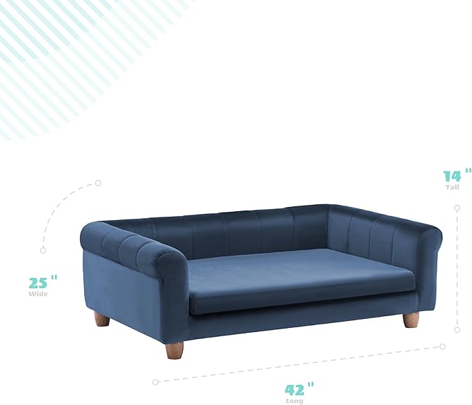 CRITTER SITTERS 42-in. Elegant Navy Faux-Velvet Rectangular Dog Sofa for Medium and Large Dogs, Elevated Plush Dog Couch