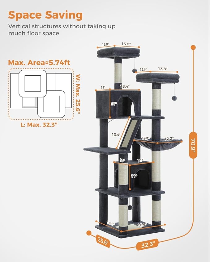 MUTTROS Tall Cat Tree 70.9"- Cat Tower with 6 Scratching Posts, Multi-Level Climbing Tower with 2 Condos, 2 Scratching Boards, 2 Top Beds & Hammock for Indoor Large Medium&Small Cats, Dark Gray