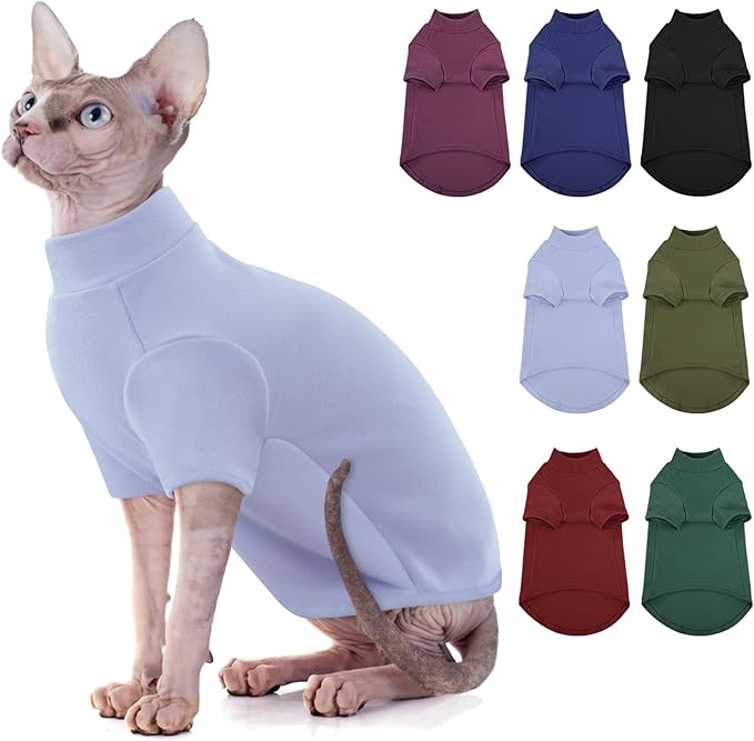 Turtleneck Sweater for Cat, Sphynx Cats Shirt Hairless Cat Sweaters with Sleeves, Warm and Soft Kitten Pullover Fleece Winter Pajamas Jumpsuit for Puppy Cats, Blue XL