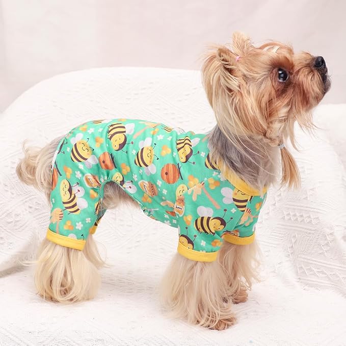 Yikeyo Dog Pajamas Small Sized Boy Girl, Cotton Stretchable Pet Clothes Jammies Puppy Outfits for Dogs Female Male, Spring Summer Doggie Pjs Doggy (Bee Green, XS)