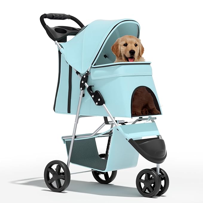 Cat Dog Stroller,3-Wheels Pet Stroller for Medium/Puppy Dogs 30 Lbs, with Storage Basket and Cup Holder, Breathable Mesh Mint