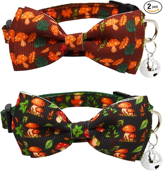 2 Pack Breakaway Cat Collar with Removable Bowtie and Bell Forest Style Safe Adjustable Mushroom Pattern Kitten Collars Green and Brown