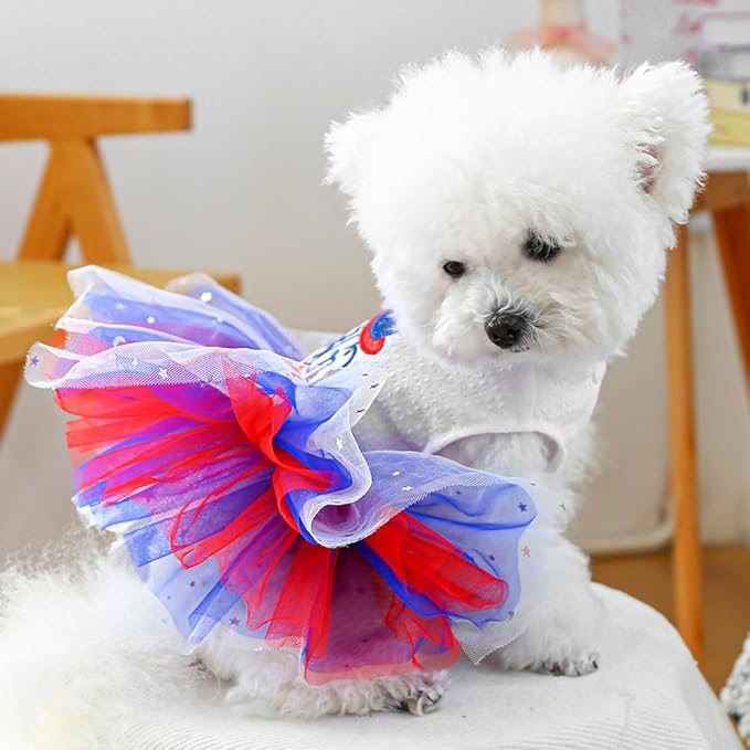 ANIAC 4th of July Girl Dog Dress with Stars Independence Puppy Clothes for Small Dog 1st Independent Day Cat Outfit Patriotic Pet Princess Tutu Skirt (Independence, X-Large)