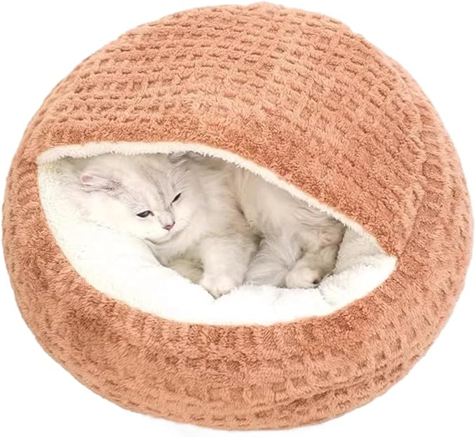 Plush Cat Bed Hooded Semi Enclosed Shell Shaped Pet Nest Cozy Warming Anti-Slip Small Dog Bed for Puppy and Kitten