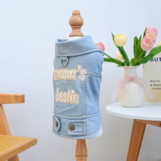 Light Blue Denim Dog Vest for Small Dogs & Cats, “Mama’s Bestie” Embroidered Jean Jacket with D-Ring, Soft Lightweight Pet Outfit for Walks, Parties & Daily Wear(L)
