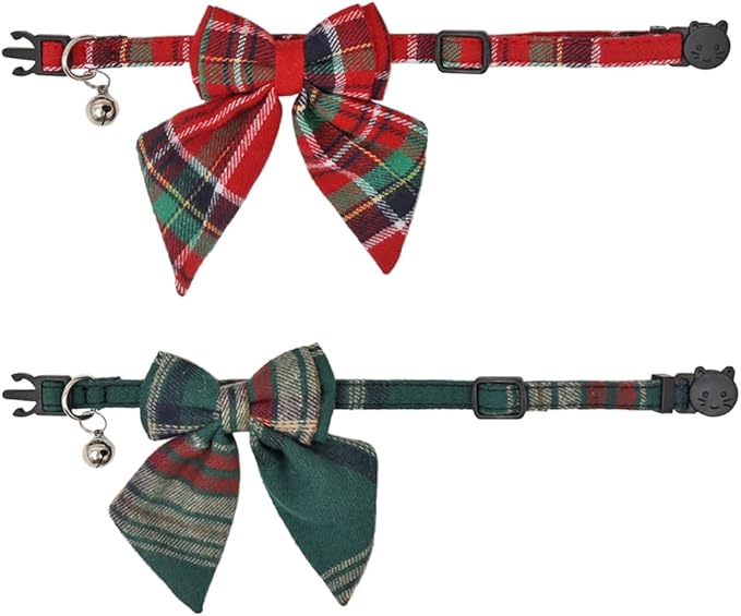 Christmas Cat Collar Breakaway with Cute Removable Bow Tie and Bell for Kitty Adjustable Safety Plaid