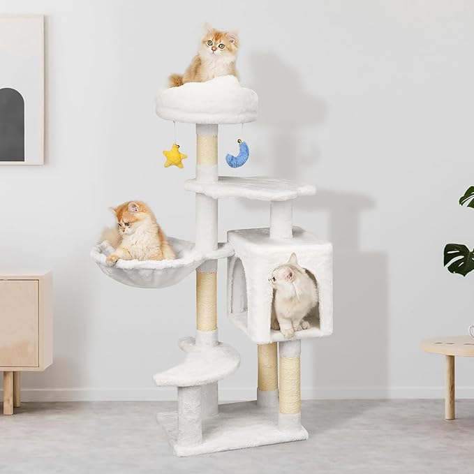 Meecal 43-Inch Cat Tree,Cute Cloud Cat Tree for Kittens & Small Cats Under 6 Months 9lbs, Cat Tower with Scratching Post, Double Condos, Plush Hammock & Dangling Toys, White