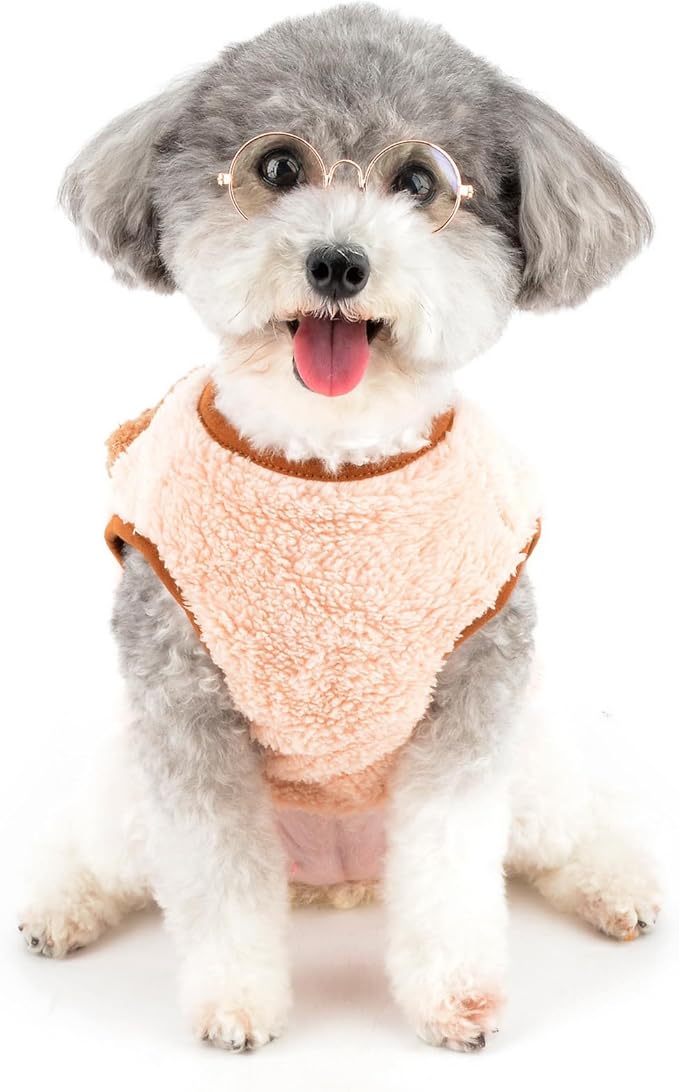 Fleece Small Dog Sweater, Solid Pet Vest with Bear Patch Elastic Soft Outfits Puppy Clothes Warm Fall Winter Apparel for Cat Chihuahua Yorkie,Beige,XL