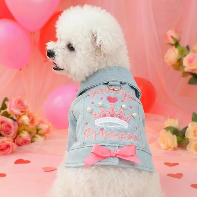 Denim Dog Jacket for Small Dogs & Cats, “Daddy’s Princess” Embroidered Pet Coat with Pearls & Bow, Light Blue Jean Outfit with D-Ring, Cute Apparel for Walks, Photos, Parties & Holidays(XS)