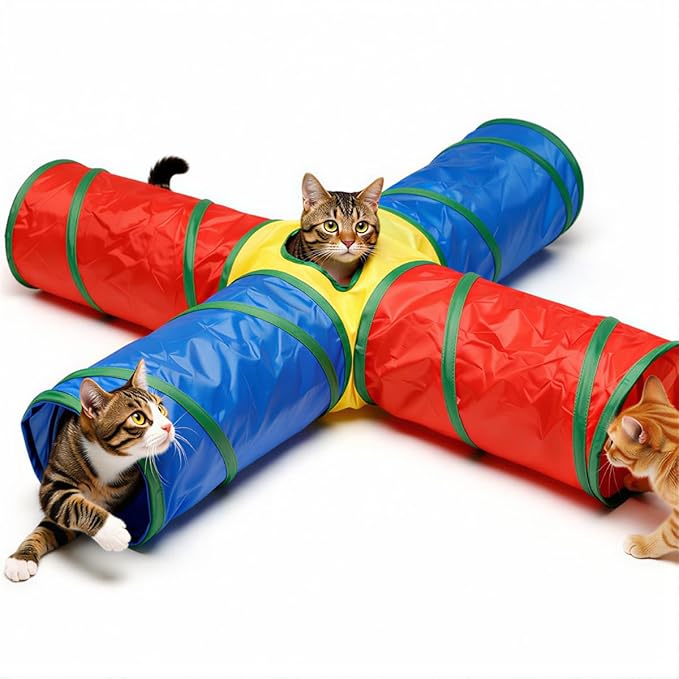 Cat Toys - 4-Way Tunnel for Indoor Cats with Peek Hole & 2 Mice - Large Foldable Rainbow Tube with Hanging Ball for Kittens, Rabbits, Small Dogs - Ideal Cat Toy