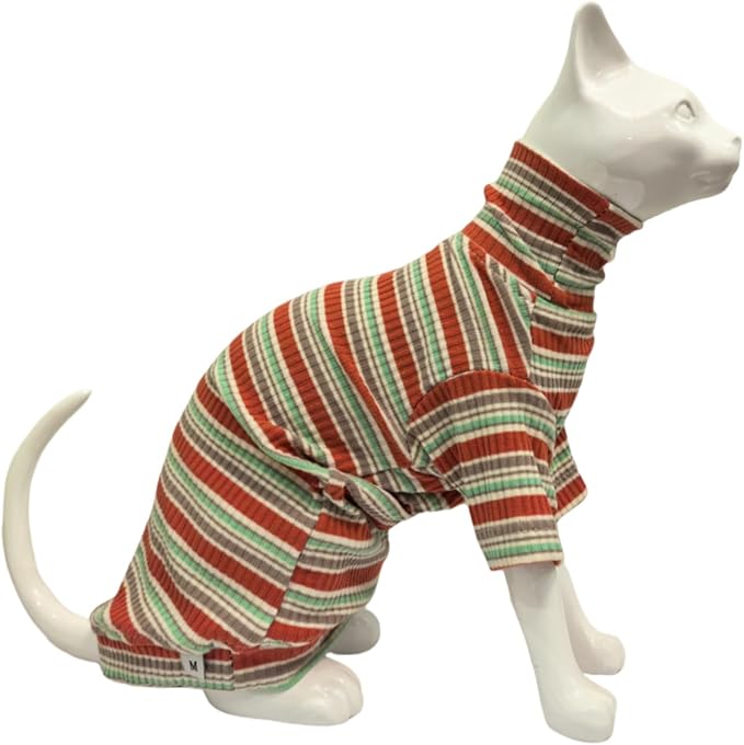 Turtle Neck Vintage Stripes Sphynx Hairless Cat Cotton T-Shirts Pet Clothes Vest Kitten Shirts Sleeveless, Cats & Small Dogs Apparel (Autumn, XXL (13-16 lbs))